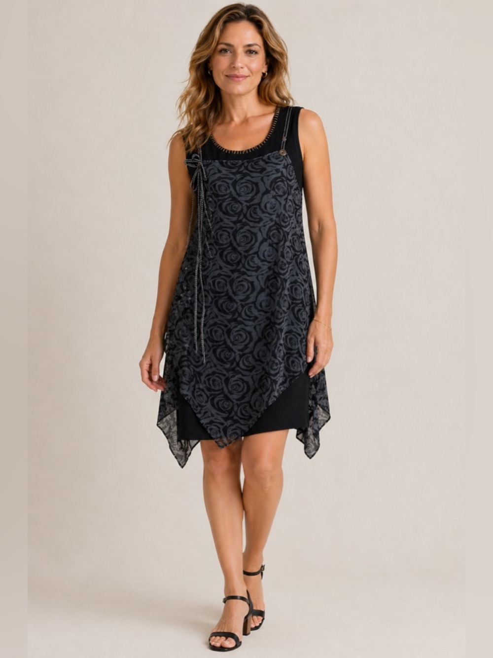 Shana K Black & Gray Floral Sheer Overlay Sleeveless Shift Dress Size Medium